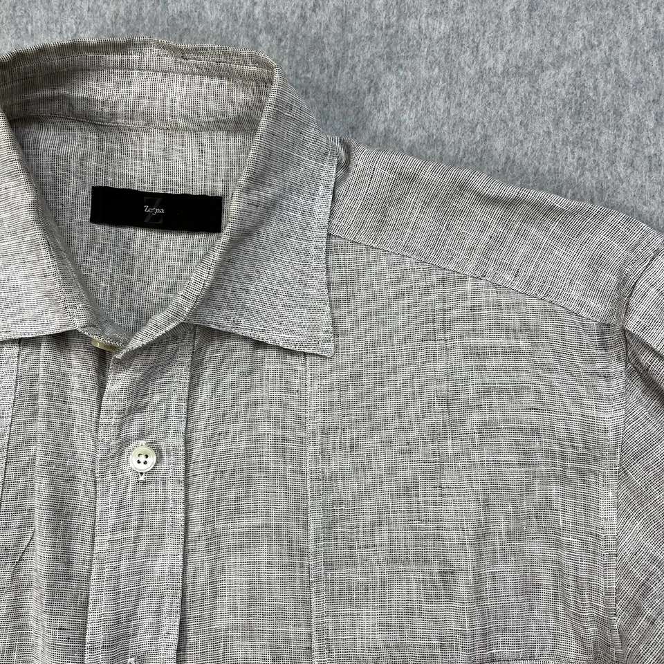 Camisa de piloto Ermenegildo Zegna para hombre 40-15 3/4 gris manga larga mezcla de lino Foto 4 de 4