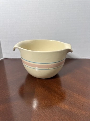 Vtg McCoy #129 Mixing Batter Bowl Spout 2 Qt Pink Blue Stripe Country Farmhouse
