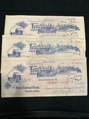 Set Of 3 Consecutive Voucher Checks - The Longmont Farmers Milling & Elevator Co