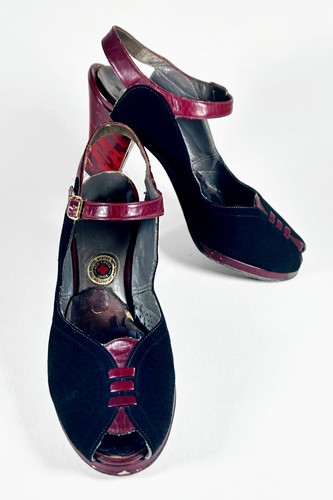 1930s Black Suede, Magenta Leather Peeptoe Slingback Red Cross Heels Sz 7B