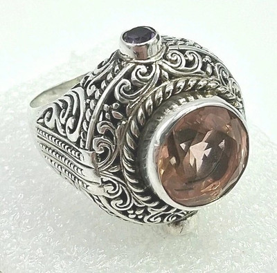 Vintage Quarz & Amethyst Steine 925 Sterlingsilber Ring mit offener Schnörkelarbeit Größe 8
