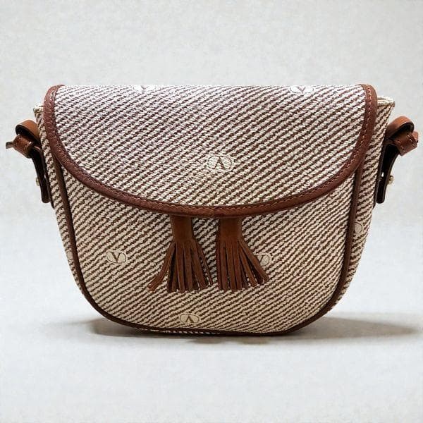 Valentino Garavani Shoulder Bag V Logo Tassel Canvas Cotton Beige Authentic Jap