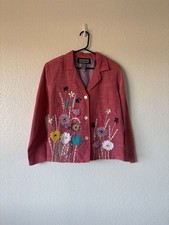 Indigo Moon Women's Embroidered Floral Ribbon Blazer Jacket Pink Sz M