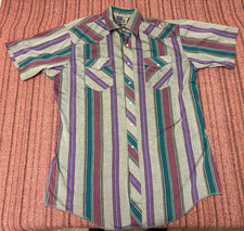MENS USED VINTAGE LIGHTLY WORN WRANGLER COLORFUL PEARL SNAP WESTERN SHIRT 17 1/2