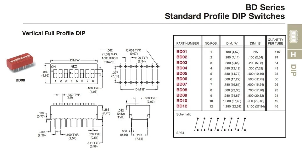 10-PCS C&K BD08 8 Position 16 Pin SPST Through-Hole DIP Switch - Image 2 of 2