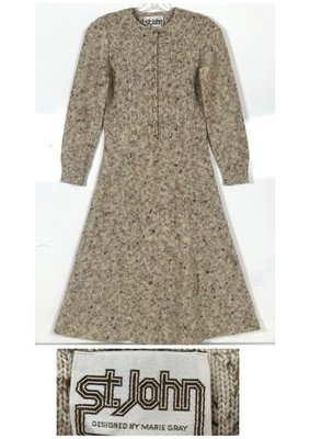 St John Marie Gray Vintage Dress Womens Small Beige Santana Knit Gold Buttons