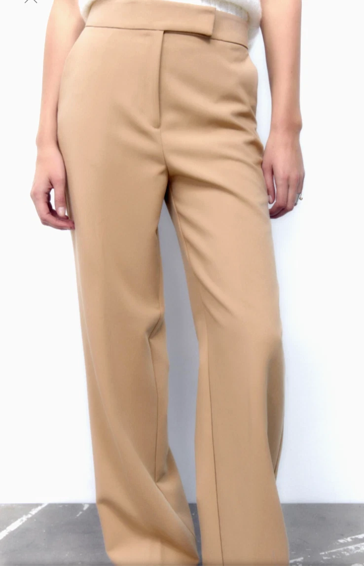 Zara Camel Ecru size M Trouser Straight Tailored Full Length with Front  Pockets