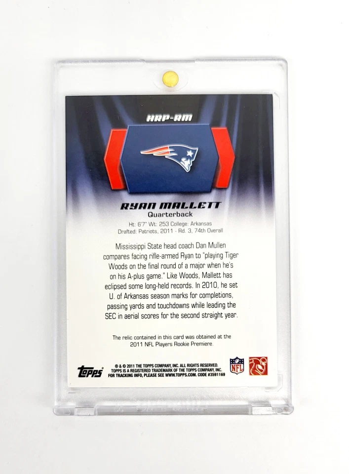 MINT RC PATCH 2011 Topps Ryan Mallett Arkansas Razorbacks New England Patriots - Image 2 of 2