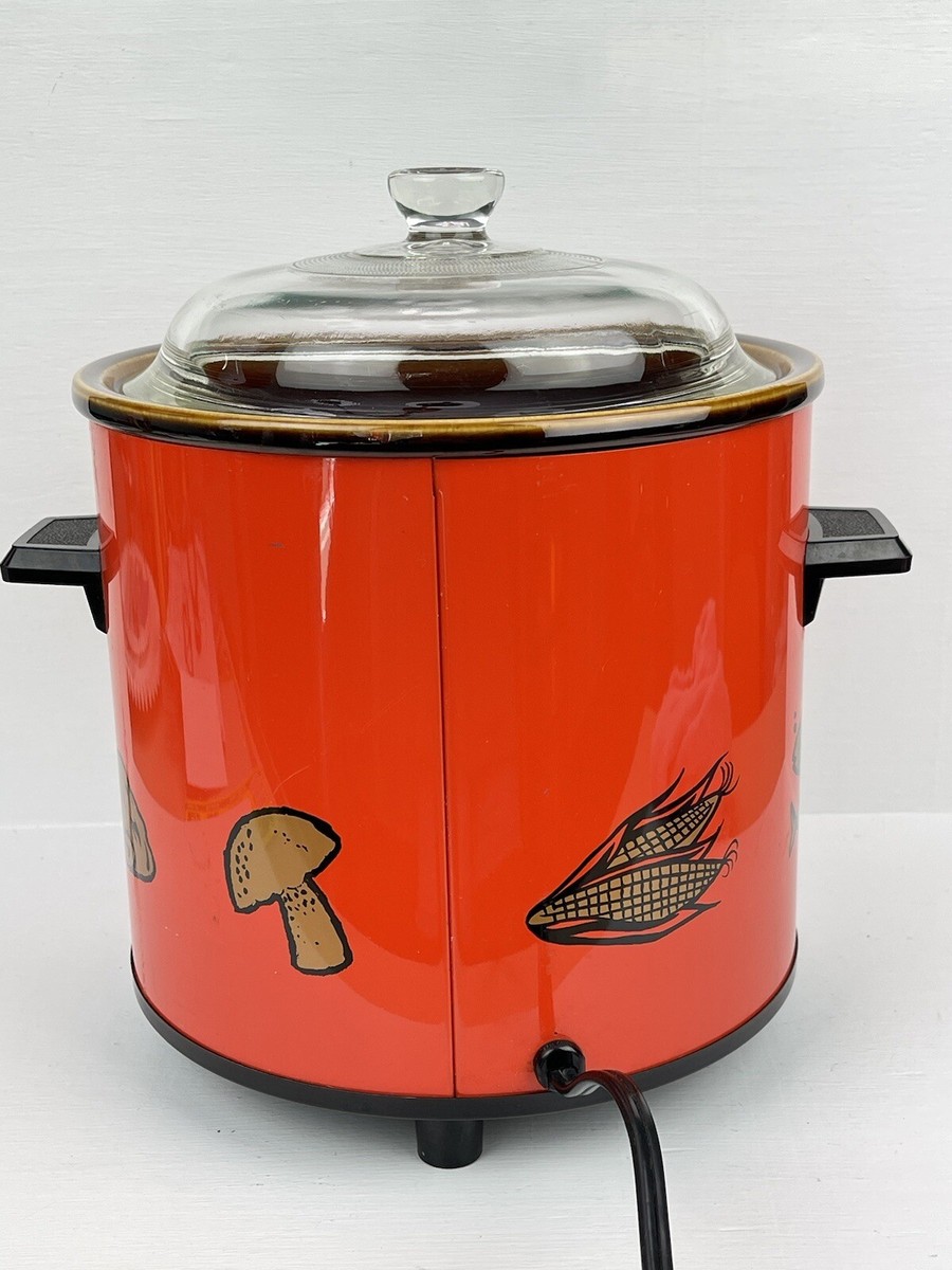 Vintage 70s Orange Stoneware Crock Pot Slow Cooker Crockery Kettle