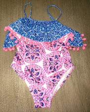 girls 1 pc SWIM SWIMMING SUIT NICOLE MILLER pompoms blue pink SO CUTE