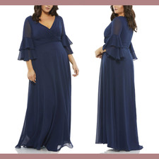 NWT $398 Mac Duggal [ 14W ] Pleated Bell Sleeve Chiffon Gown in Navy Blue G1397