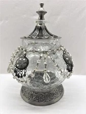 Crackle Glass Jar Potpourri Bowl Pewter Base & Lid Fancy Beads 8” Tall