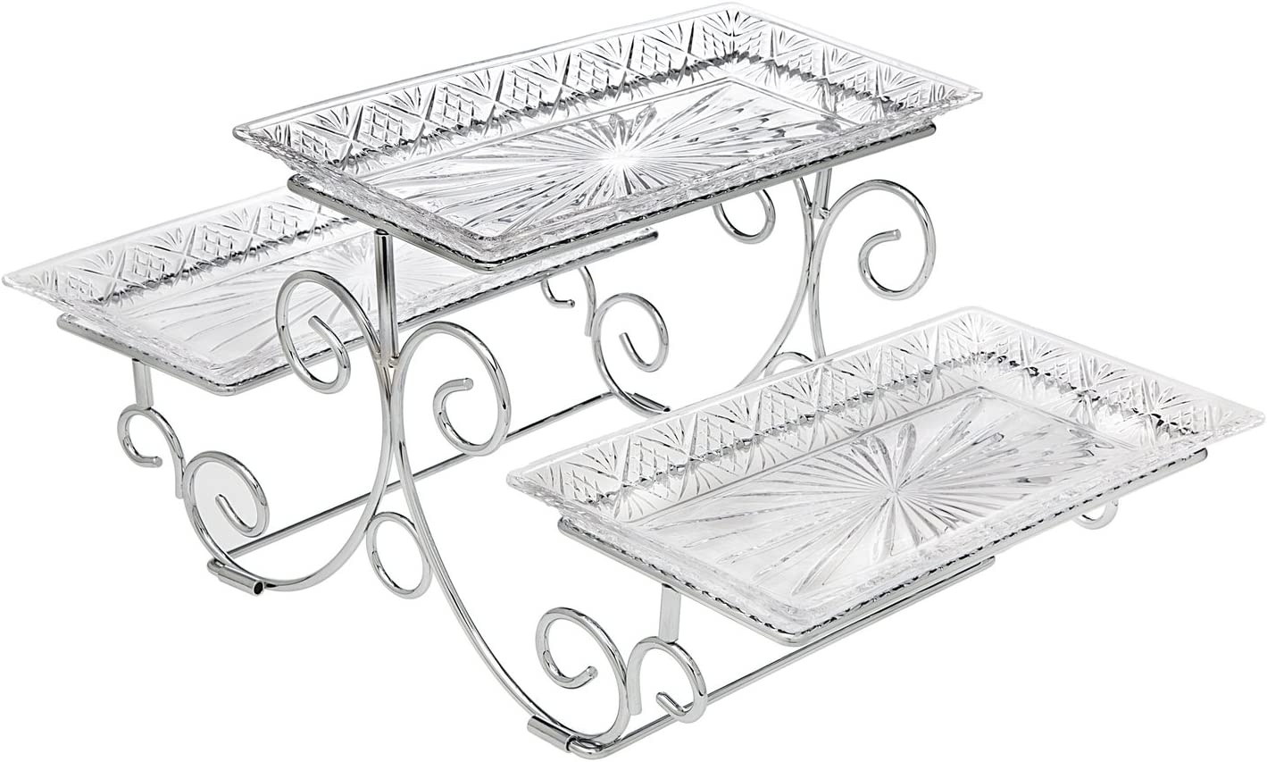 Silver Art Dublin 3 Tiered Glass Buffet Serving Tray Chrome Plated
