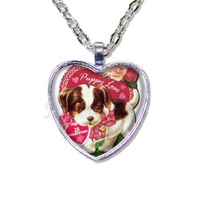 Retro Valentine Puppy Love Handmade HEART-shaped glass pendant necklace