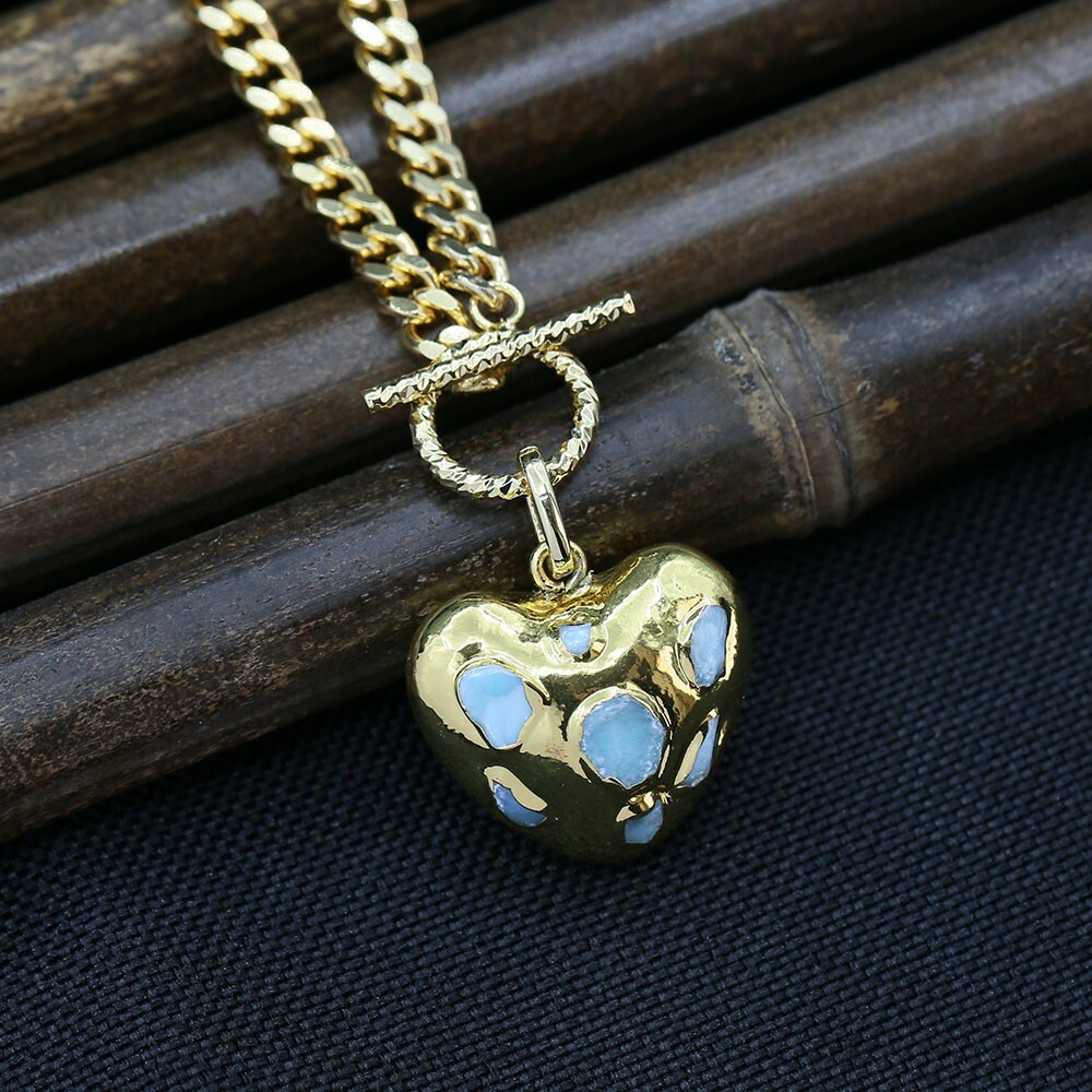 Blue Larimar Heart Pendant Gold Plated Chain Chokers Necklace Designer