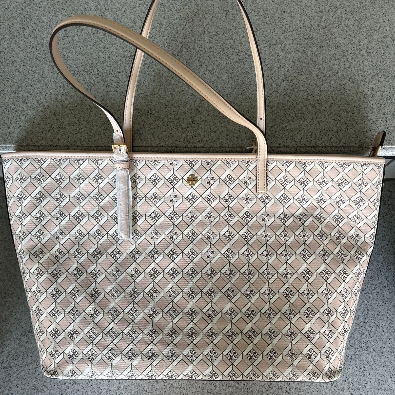 NUOVO! Borsa donna Tory Burch blush spolverato logo geo allover top cerniera grande