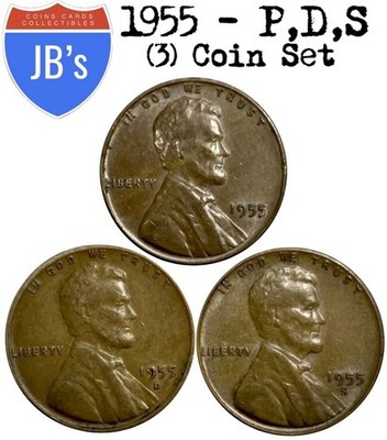 1955 P D S Lincoln Wheat Cents (3) Coins Average Circulated/Better *JB's Coins*