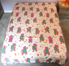 Vintage Barney TWIN Flat Sheet 1992 Lyons Group 1990s Purple Dinosaur