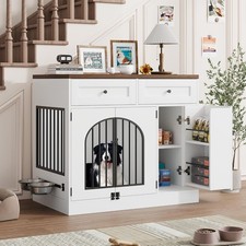 37 Inch Dog Crate Furniture with Storage Drawers Rotating Bowls Kennel Indoor