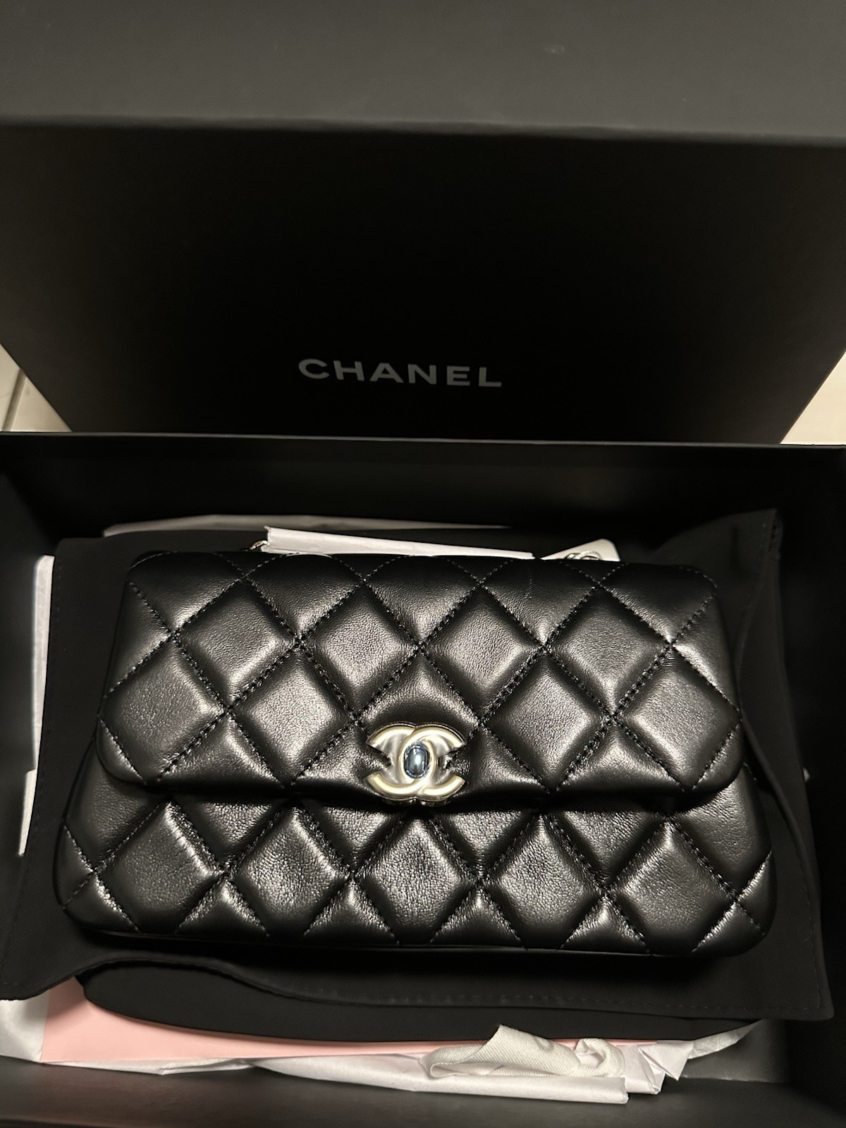 Chanel 25S Black Quilted Lambskin Light Gold Hardware Phone Holder with Chain