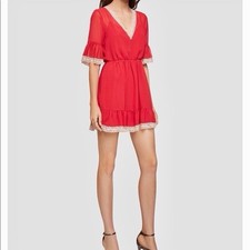 BCBGeneration Red Chiffon Lace Trim Tie Back mini Dress Size XS $180