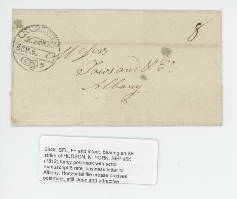 Mr Fancy Cancel STAMPLESS HUDSON N YORK FANCY SCROLL ALBANY (NY ) 1812 FLS 