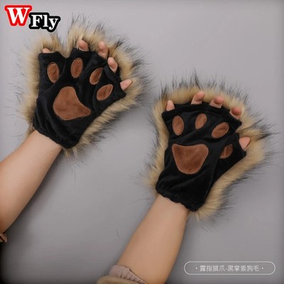 Harajuku Women girls Plush Animal Claw Gloves Half Finger Wolf Cat's Accessories