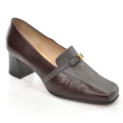 Womens a. Testoni Bologna Gold Logo Pump 37.5 / 7 Brown Gray Leather Heel Shoes 