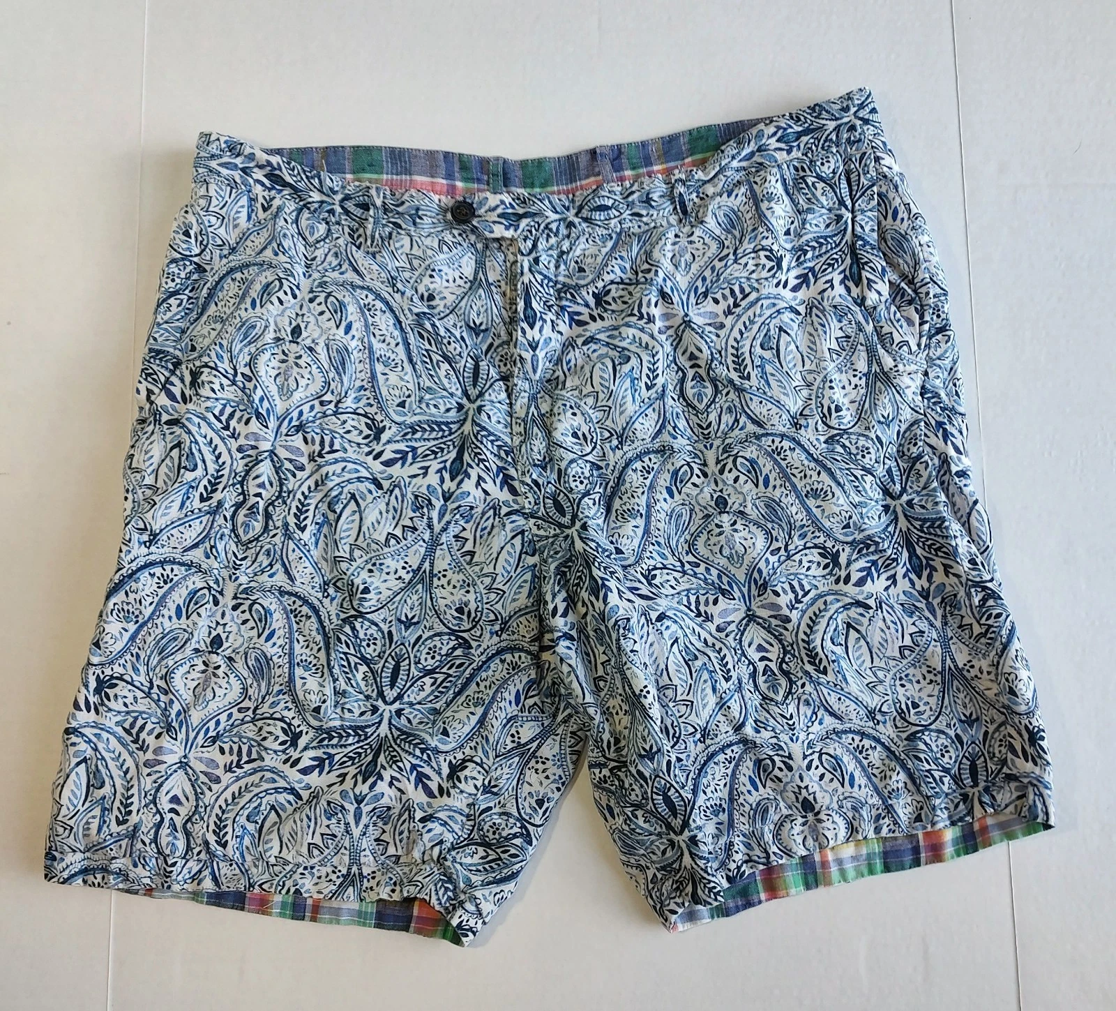 Tommy Bahama Linen Reversible Shorts Mens 40 Blue Paisley Madris Plaid Chino