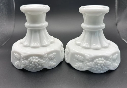 Vintage Westmoreland White Milk Glass Paneled Grape Pair of Candlestick Holders