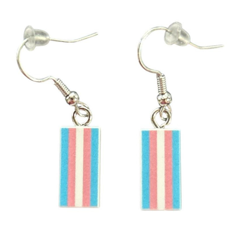 Trans Pride Flag Dangle Earrings Handmade using custom printed Lego Tiles 1x2