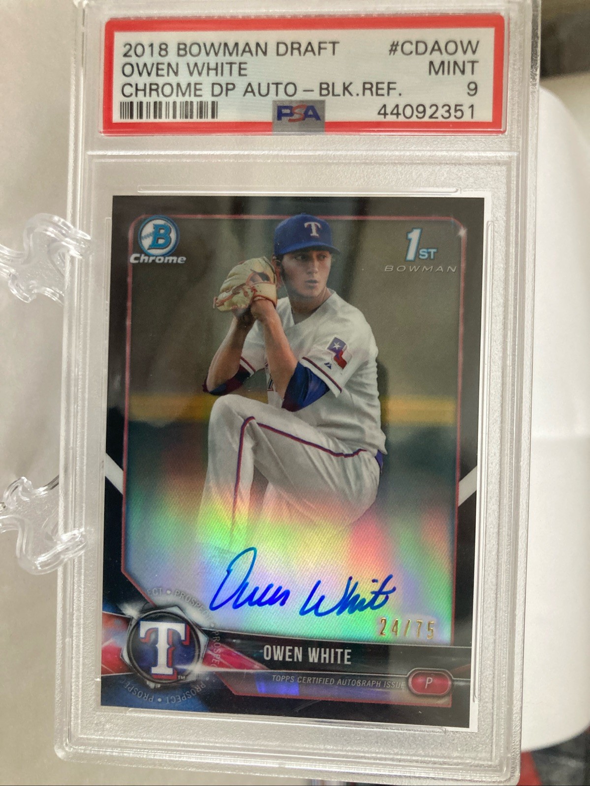 2018 BOWMAN CHROME DRAFT OWEN WHITE #24/75 AUTO BLACK REFRACTOR #CDA-OW PSA 9