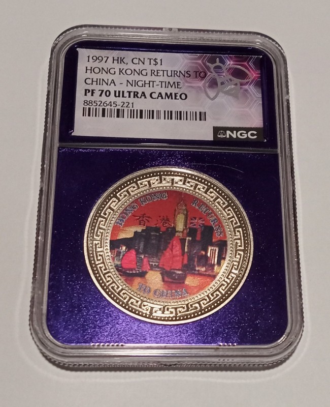 1997 HK, CN HONG KONG RETURNS TO CHINA - NIGHT-TIME T$1 Pf70 Ultra Cameo