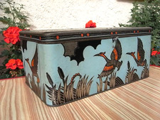 Jugendstil Flamingo ~ Kranisch Blechdose mit Seerosen Biscuit Keksdose Wei&szlig;blech