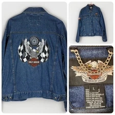 Vtg Harley Davidson Jean Trucker Jacket Live To Ride Flags Eagle Biker Men Large