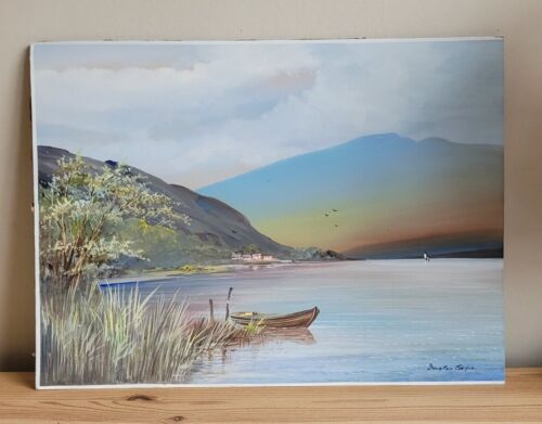 Douglas Cooper - Belle peinture non encadrée au bord du lac avec lac, montagnes de bateaux  - Photo 1 sur 4