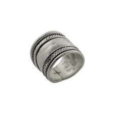 Hammered Tribal Band Sterling Silver Braided Large Thick Ring 19mm Milgrain Edge