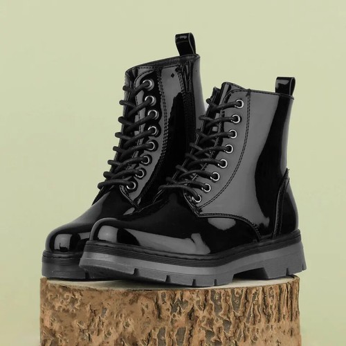 Lilley Womens Boot Black Lace Up Patent Side Zip Ankle shoezone SIZE