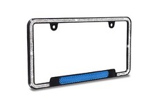 Bling Real White Crystal Black Metal License Plate Frame-blue Carbon Style