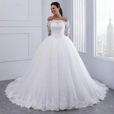 Boat Neck Lace Wedding Dresses Long Sleeve Applique Zipper Back Bridal Gowns New