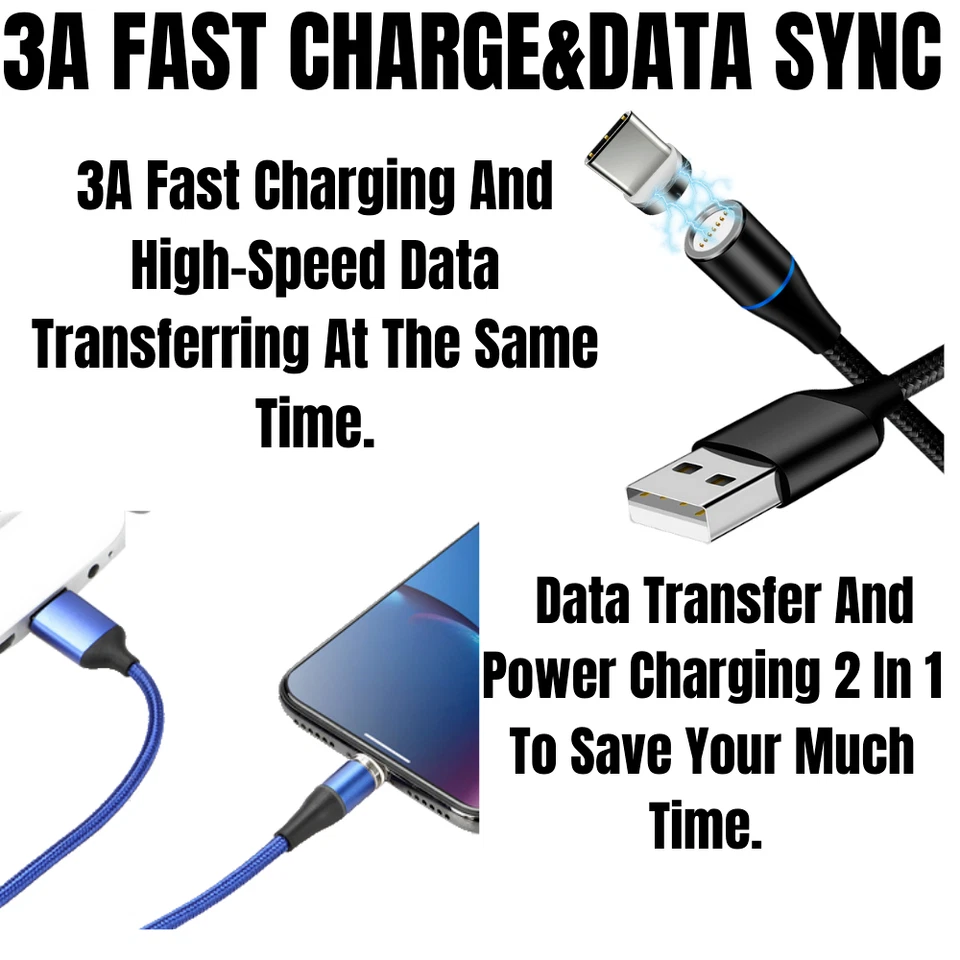 Paquete de 3 cables de carga rápida tipo C magnético de 3/6 pies USB-C cable de sincronización de carga de datos Foto 2 de 4