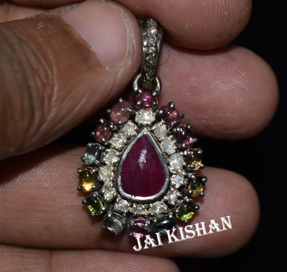 Rubino Multi Tormalina Gemma Polki Diamante 925 Argento Sterling Etnico Ciondolo - Immagine 4 di 4