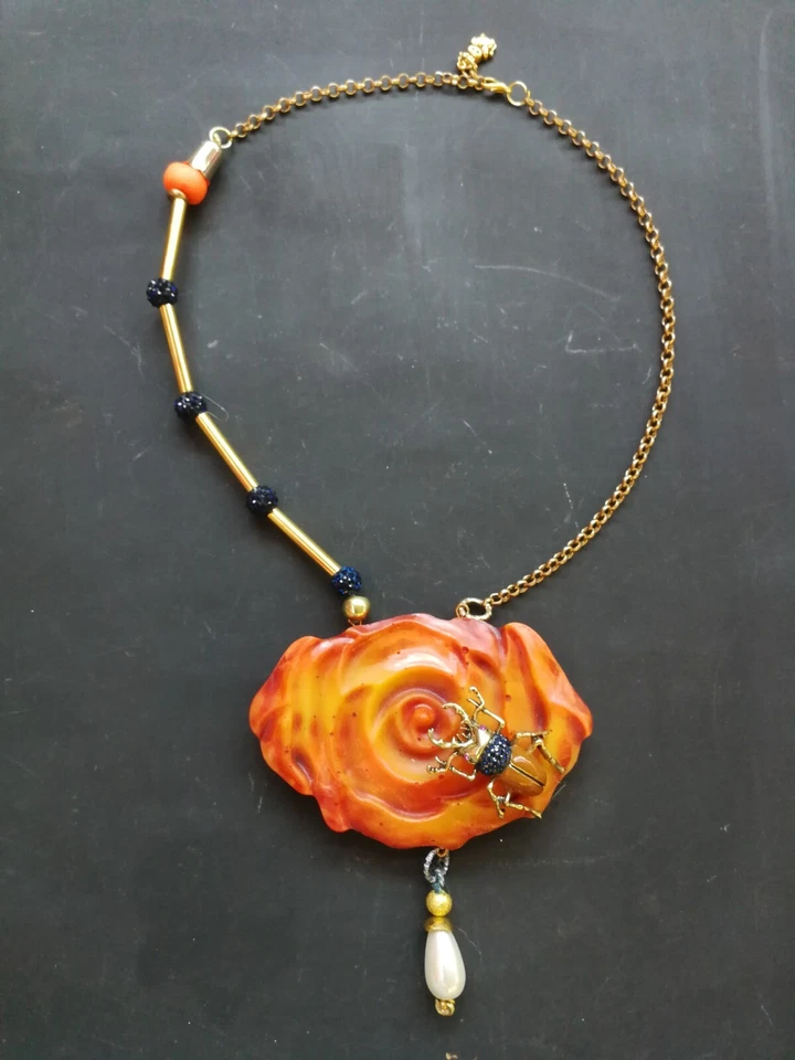 Orange Blossom Necklace Jewelry Scarab Insect Chain Flower Brutalist Modernist - Image 2 of 4