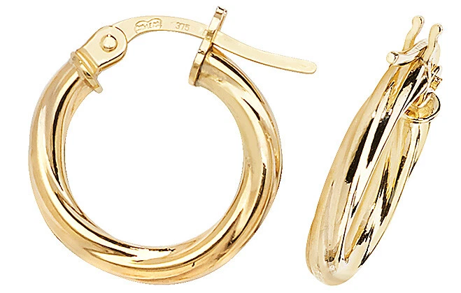 9CT GOLD HOOP EARRINGS 2MM CABLE TWIST CREOLE TUBE RIBBED PATTERN
