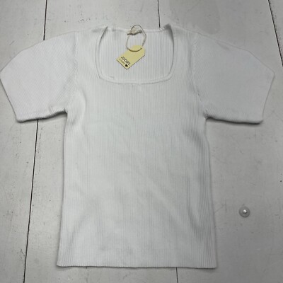 Jodifil White Ribbed Square Neck Short Sleeve Top Women s Size Small