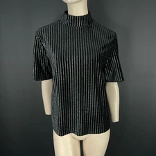NA-KD Black Velvet Top XL Metallic Silver Stripe Mock Neck Short Sleeve Shirt