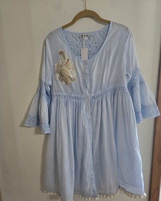 NWT WHITE WAVES Women Blue Kimono Wt Embroidery Lace Crochet Bell Sleeves M