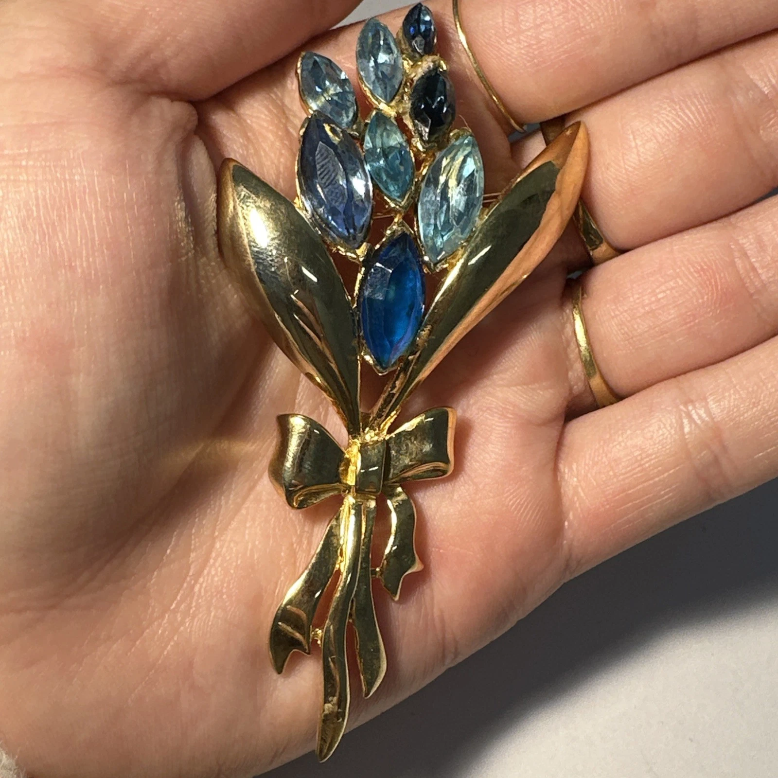 Broche Fleur Dorée À Strass Bleu Bijoux Fantaisie