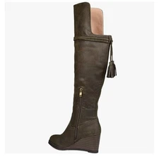 Journee Womens Over The Knee Boots Olive Green Wedge Heel Zip Up 12 NEW Tassels
