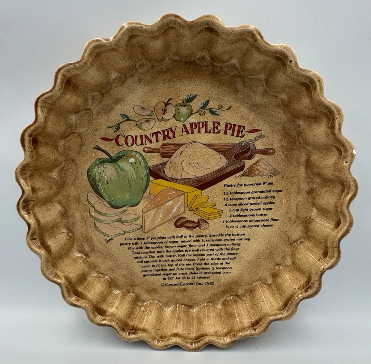 Vintage CeramiCorner Apple Pie Plate Recipe Dish 1982 Fluted Pan